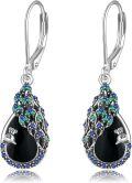 wholesale 925 Sterling Silver Teardrop Peacock Feather Dangle Earrings with Blue Sapphire and Green Emerald Accents-0-0