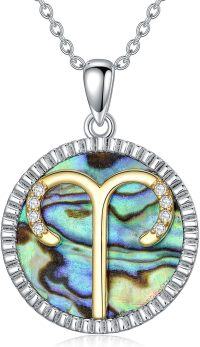 wholesale 925 Sterling Silver Abalone Shell Natural Cubic Zirconia Taurus Zodiac Necklace 12 Constellation Coin Pendant-Aries(3.21-4.19)
