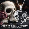 wholesale 925 Sterling Silver Heart-Shaped Rose and Skull Charm Necklace with Black Crystals-0-5