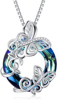 wholesale 925 Sterling Silver Butterfly Pendant Necklace with Blue Crystal Birthday Christmas s for Women-J-Butterfly Necklace-Blue Circle Crystal