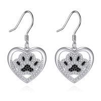 wholesale 925 Sterling Silver Heart-Shaped Crystal Dachshund Paw Print Drop Earrings - Adorable Dog Lover Gift for Her-Paw Print Earrings