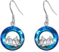 wholesale 925 Sterling Silver Cat Dangle Earrings with Blue Crystal Accents for Women-Pig