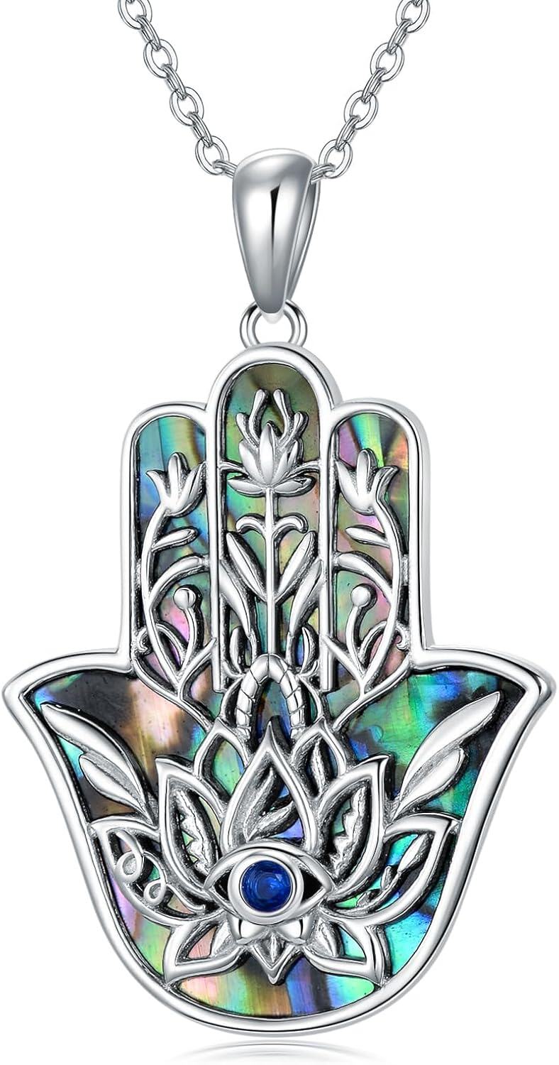 Sterling Silver Abalone Shell Hamsa Hand Necklace Filigree Lotus Gift-0-1