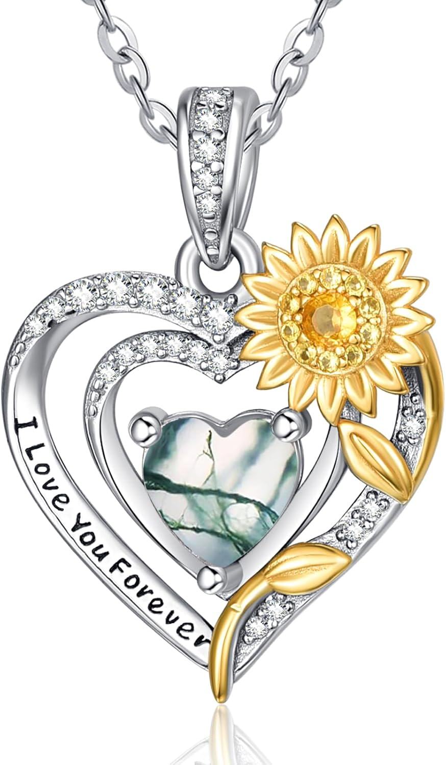 Sterling Silver Sunflower Birthstone Pendant Necklace for Women-Moss Agate