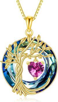 wholesale Sterling Silver Crystal Tree of Life Necklace for Women with Birthstone-10-Oct-Pink Tourmaline