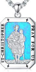 wholesale 925 Sterling Silver Blue Opal St Christopher Pray For Us Medal Pendant Necklace-0-0