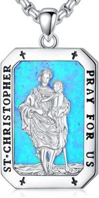 wholesale 925 Sterling Silver Blue Opal St Christopher Pray For Us Medal Pendant Necklace-Saint Christopher