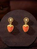 wholesale 925 Sterling Silver Strawberry Drop Earrings with Flower Topper and CZ Stone - Red Enamel Finish-0-3