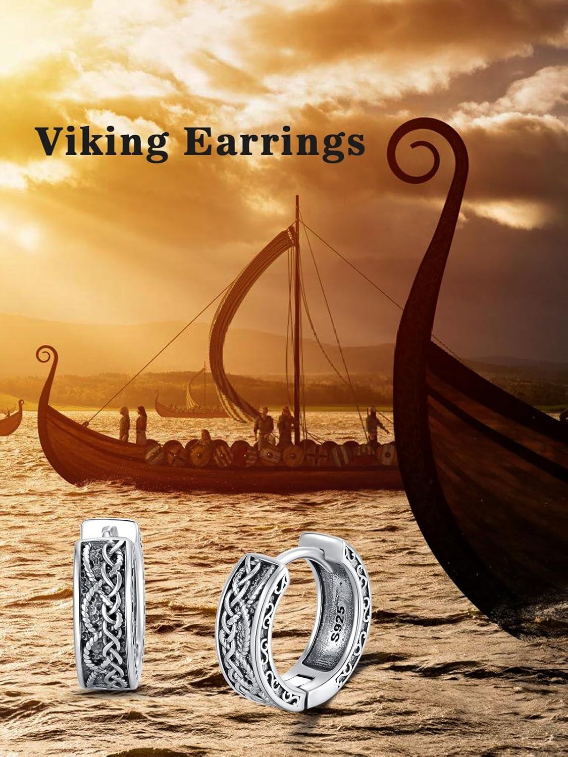 Sterling Silver Viking Earrings Huggie Hoop with Stone Vintage Jewelry Gifts for Men Women Boys Girls-0-5