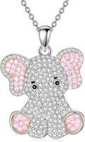 wholesale 925 Sterling Silver Pink Cubic Zirconia Elephant Pendant Necklace for Women Girls  43mm x 68mm-0-0