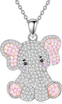 wholesale 925 Sterling Silver Pink Cubic Zirconia Elephant Pendant Necklace for Women Girls  43mm x 68mm-Elephant