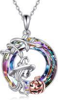 wholesale 925 Sterling Silver Rainbow Crystal Halloween Witch & Pumpkin Pendant Necklace-0-0