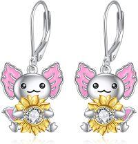 wholesale 925 Sterling Silver Sunflower Angel Leverback Earrings with Pink Wings and Crystal Centerpiece-Axolotl