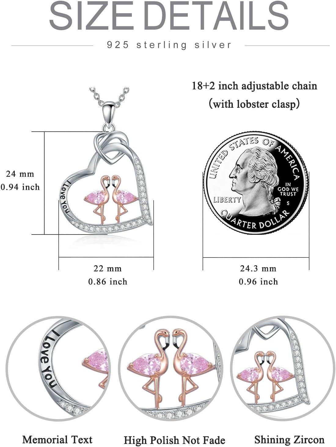 925 Sterling Silver Flamingo Heart Love You Pendant Necklace-0-4