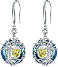 wholesale 925 Sterling Silver Austrian Crystal Tree of Life Birthstone Dangle Earrings for Women-08-Aug-Peridot