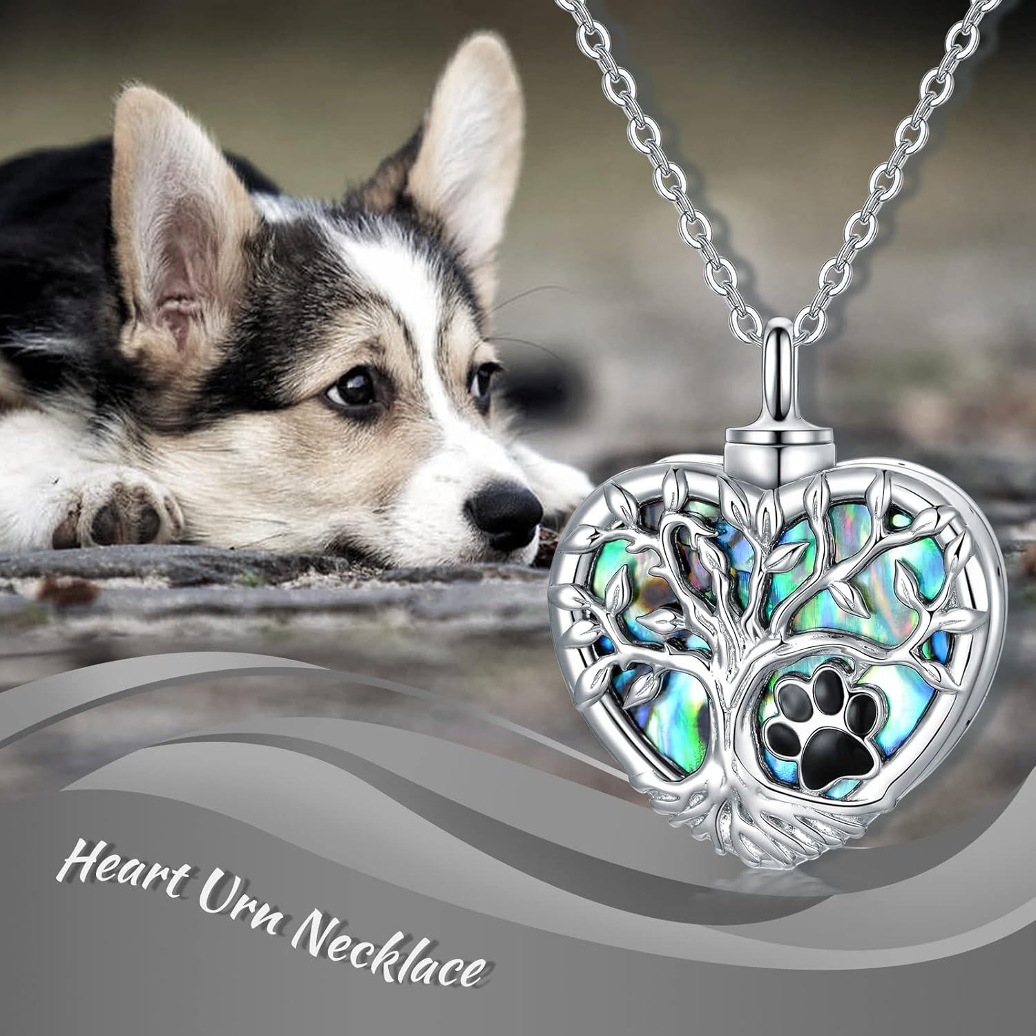 925 Sterling Silver Heart Shaped Abalone Shell Tree of Life Paw Print Keepsake Pendant Necklace for Ashes Memorials-0-5