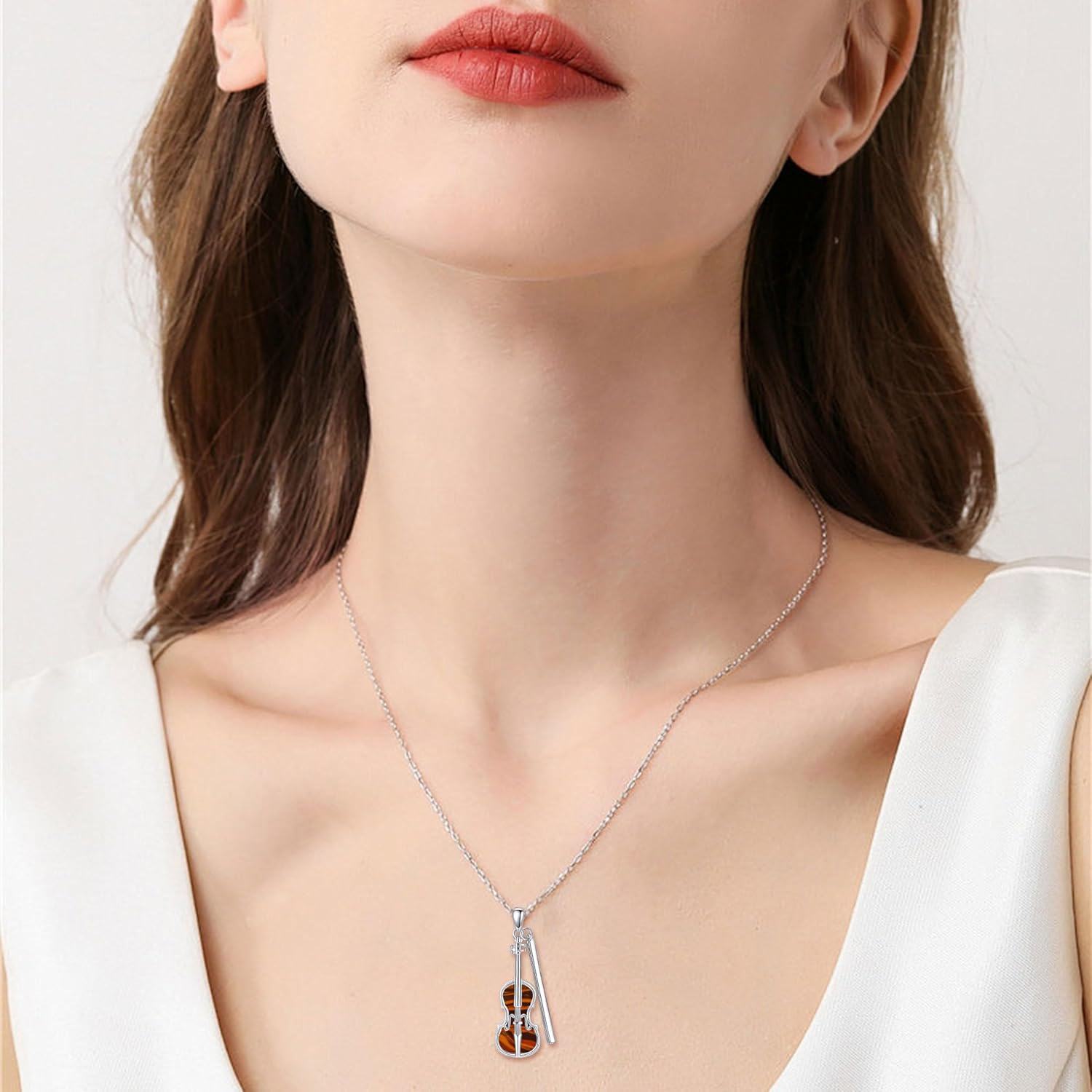 925 Sterling Silver Violin & Bow Musical Notes Pendant Necklace with Amber Stone for Women-0-1