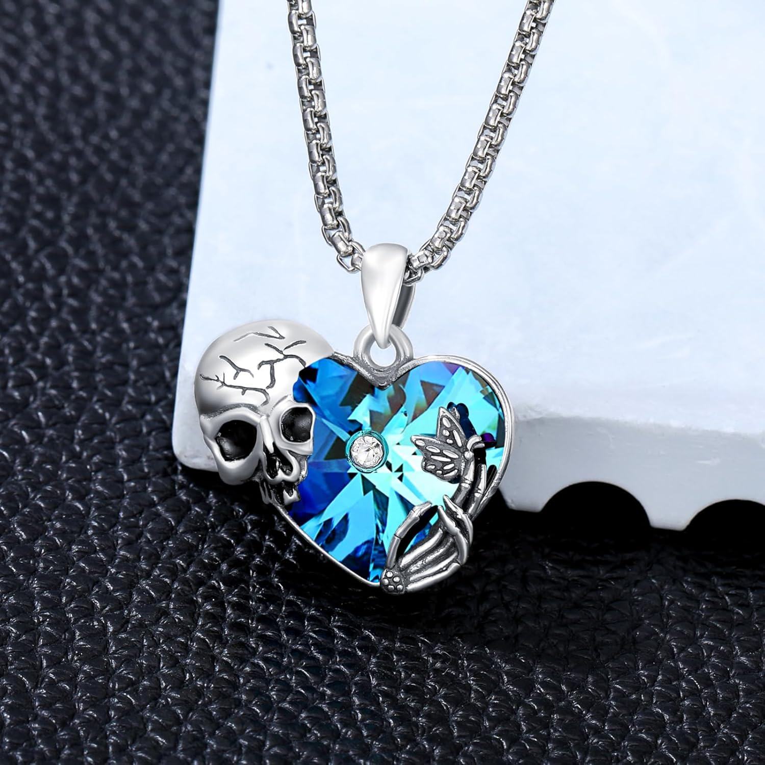 wholesale 925 Sterling Silver Heart-Shaped Pendant w/ Blue Crystal & Butterfly Charm on Black Cord (20 + Extender)-0-4