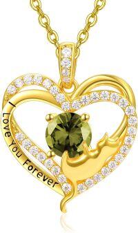 wholesale Sterling Silver Birthstone Cat Projection Heart Pendant Necklace-Gold-08 Aug - Peridot