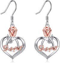 wholesale TOUPOP Sister Earrings 925 Sterling Silver Sister Jewelry Sisters Gifts From Sister Sister Dangle Earrings With Rose Flower Birthday Gifts For Sister -undefined