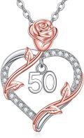 wholesale 925 Sterling Silver 3D Rose & Number 50 Heart Pendant Necklaces for Women Anniversary Gifts-0-0