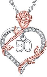 wholesale 925 Sterling Silver 3D Rose & Number 50 Heart Pendant Necklaces for Women Anniversary Gifts-50th
