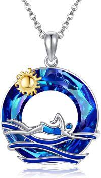 wholesale 925 Sterling Silver Swimmer Pendant with Blue Crystal and Sun Charm Necklace for Women Sporty Fashion s-Crystal