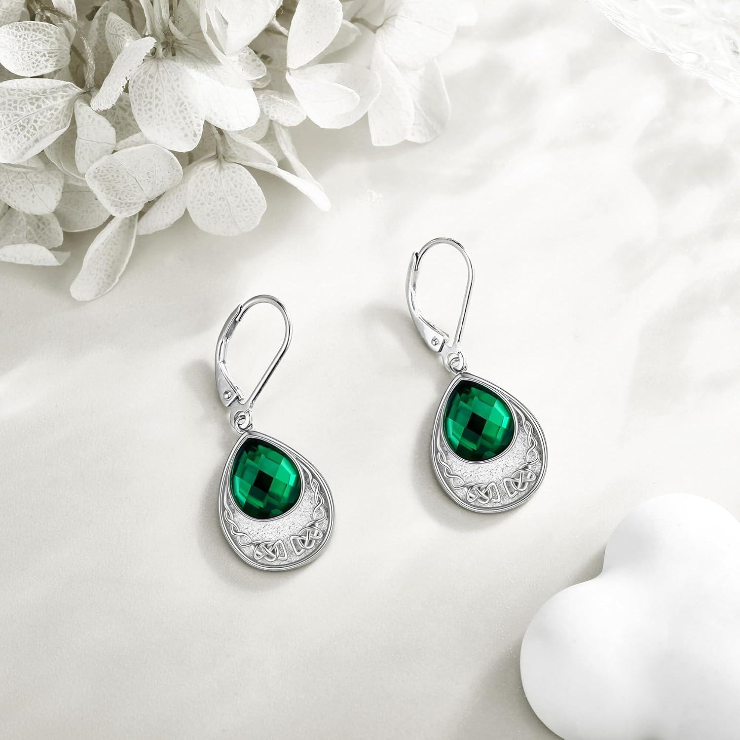 Sterling Silver Emerald Teardrop Celtic Knot Dangle Earrings Irish Jewelry-0-4