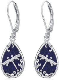 wholesale 925 Sterling Silver Dragonfly Blue Stone Drop Dangle Leverback Earrings-Dragonfly