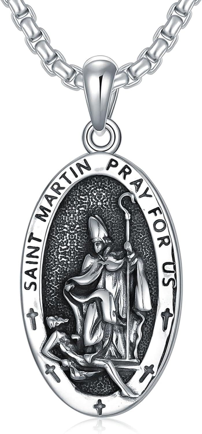 Sterling Silver Stone Patron Saint Necklace Amulet Jewelry Gift for Men Women-B03-St Martin Non-personalized