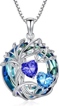 wholesale 18K White Gold Filled Sterling Silver Family Tree Pendant with 2 Heart Birthstones Blue Austrian Crystal Necklace for Women-09-12-Spet-Dec Birthstone