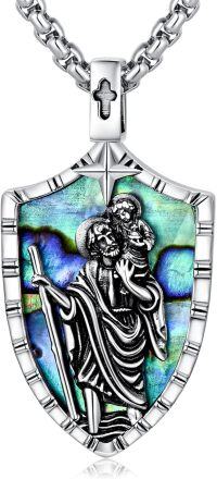 wholesale  Shield-Shaped Saint Religious Pendant with Abalone Shell Inlay and Cross Charm - 3D Relief Design for Men & Women-F-St Christopher Shield Charm Abalone Shell