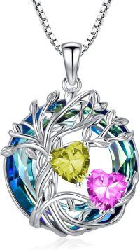 wholesale 18K White Gold Filled Sterling Silver Family Tree Pendant with 2 Heart Birthstones Blue Austrian Crystal Necklace for Women-08-10-Aug-Oct Birthstone