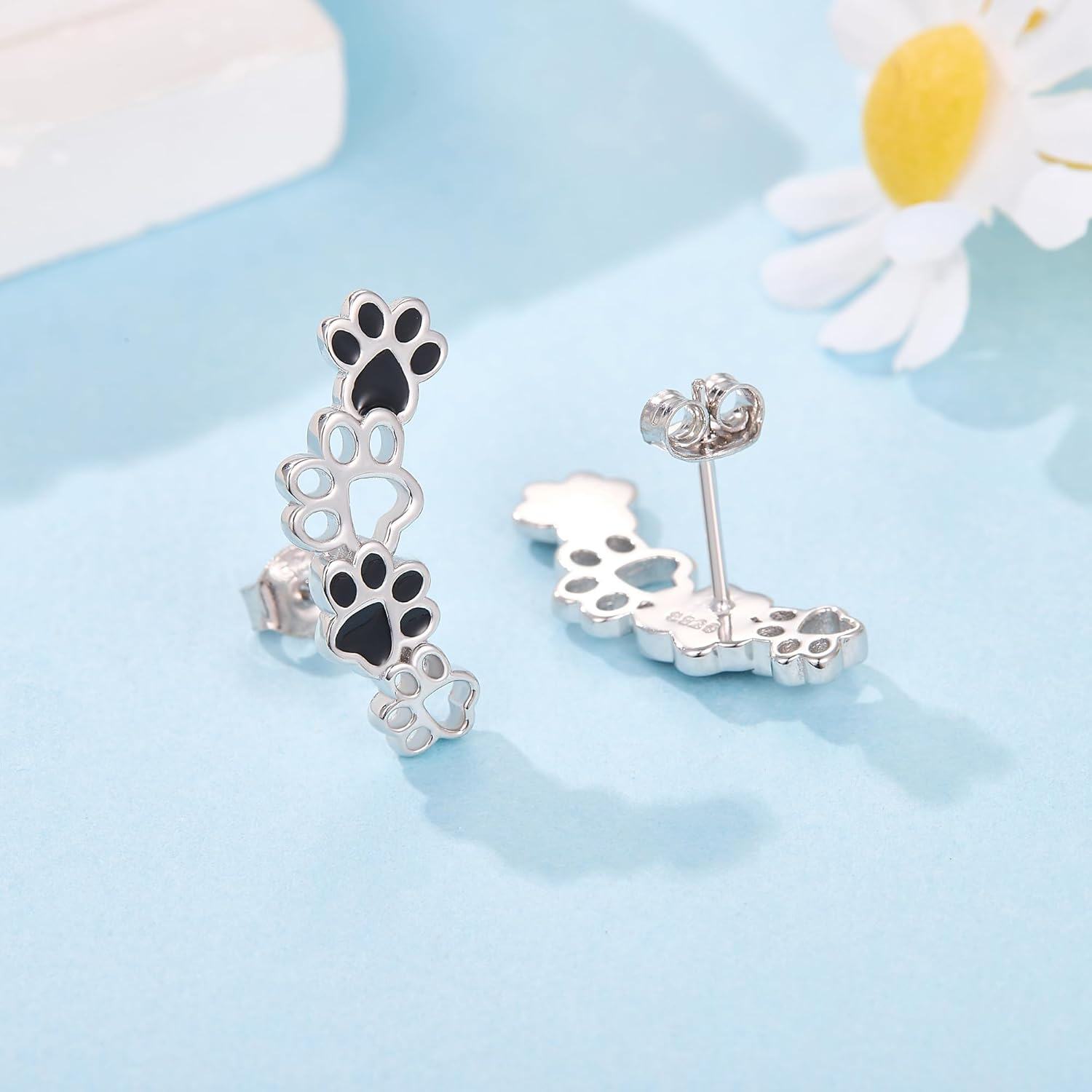 925 Sterling Silver Black Enamel Dog Paw Print Climber Stud Earrings for Women-0-3