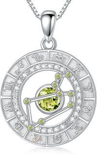 wholesale Sterling Silver White Gold Plated Zodiac Necklace with Birthstone for Women-Leo&Peridot&07.23-08.22