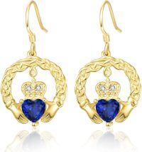 wholesale 18K Gold Plated 925 Sterling Silver Claddagh Birthstone Earrings for Women Irish Celtic Jewelry Gifts-09-September-Lab Created Sapphire