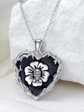 wholesale 925 Sterling Silver Gothic Pendant - Black Flower & Red Eyes Skull Charm Necklace for Women-0-1