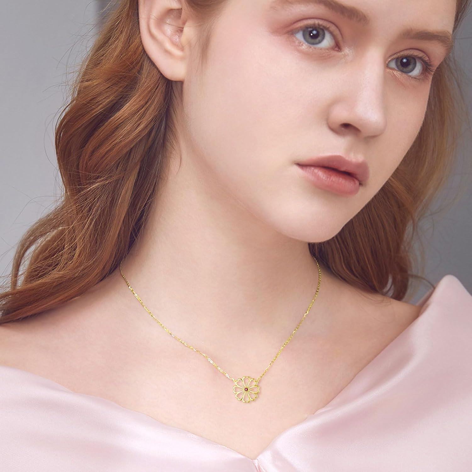 wholesale 14K Gold Daisy Flower Pendant Necklace with Red Stone for Women - Anniversary & Christmas Gifts-0-3