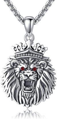 wholesale 925 Sterling Silver Crowned Lion Head Pendant Necklace  with Ruby Eyes and Chain for Men Women  45cm Length-Lion