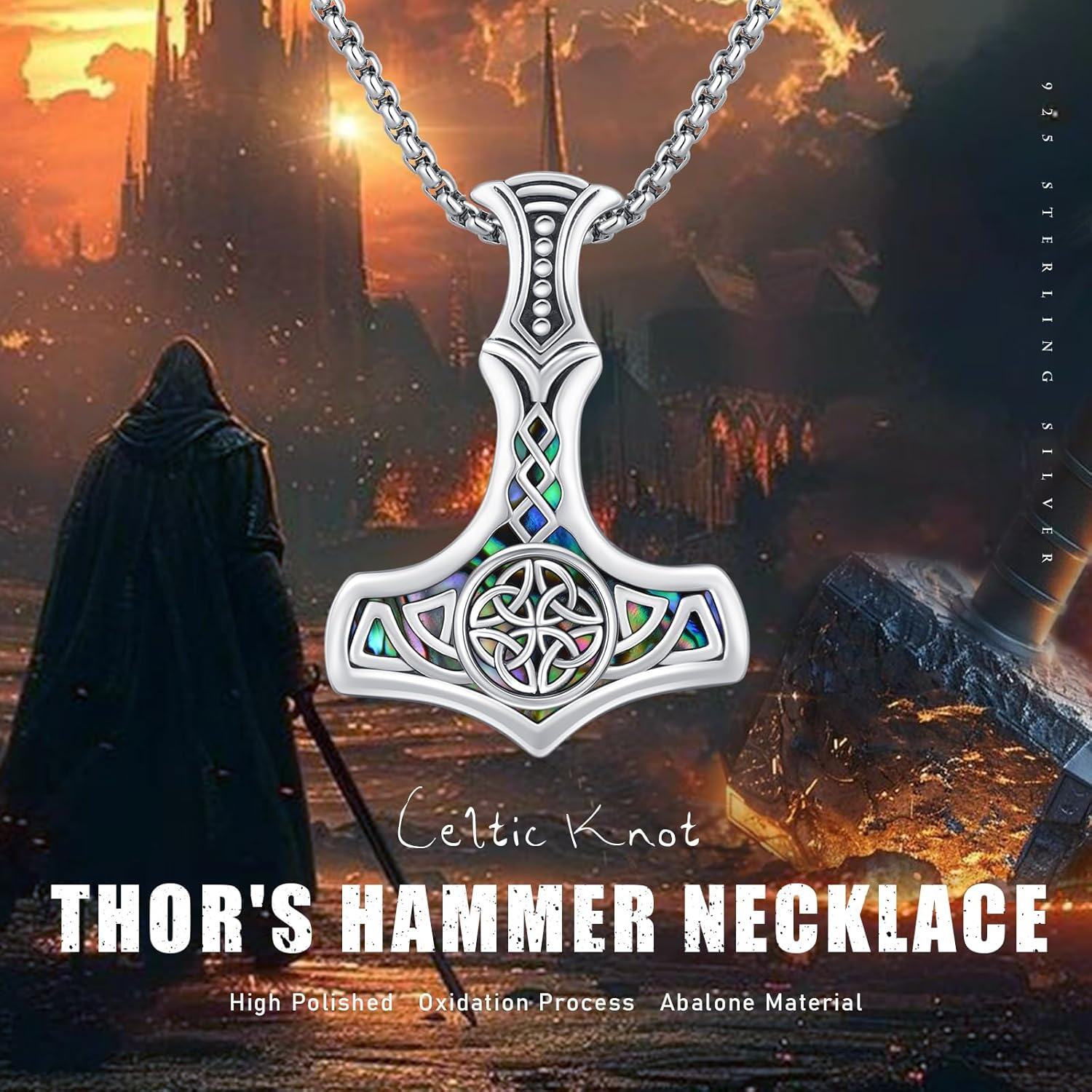 wholesale 925 Sterling Silver & Abalone Shell Mjolnir Viking Pendant Necklace for Men-0-5