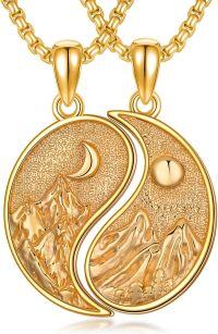 wholesale Gold 925 Sterling Silver Mountain Yin Yang Pendant Couples Necklaces Matching Set-A02-Mountains (Gold)