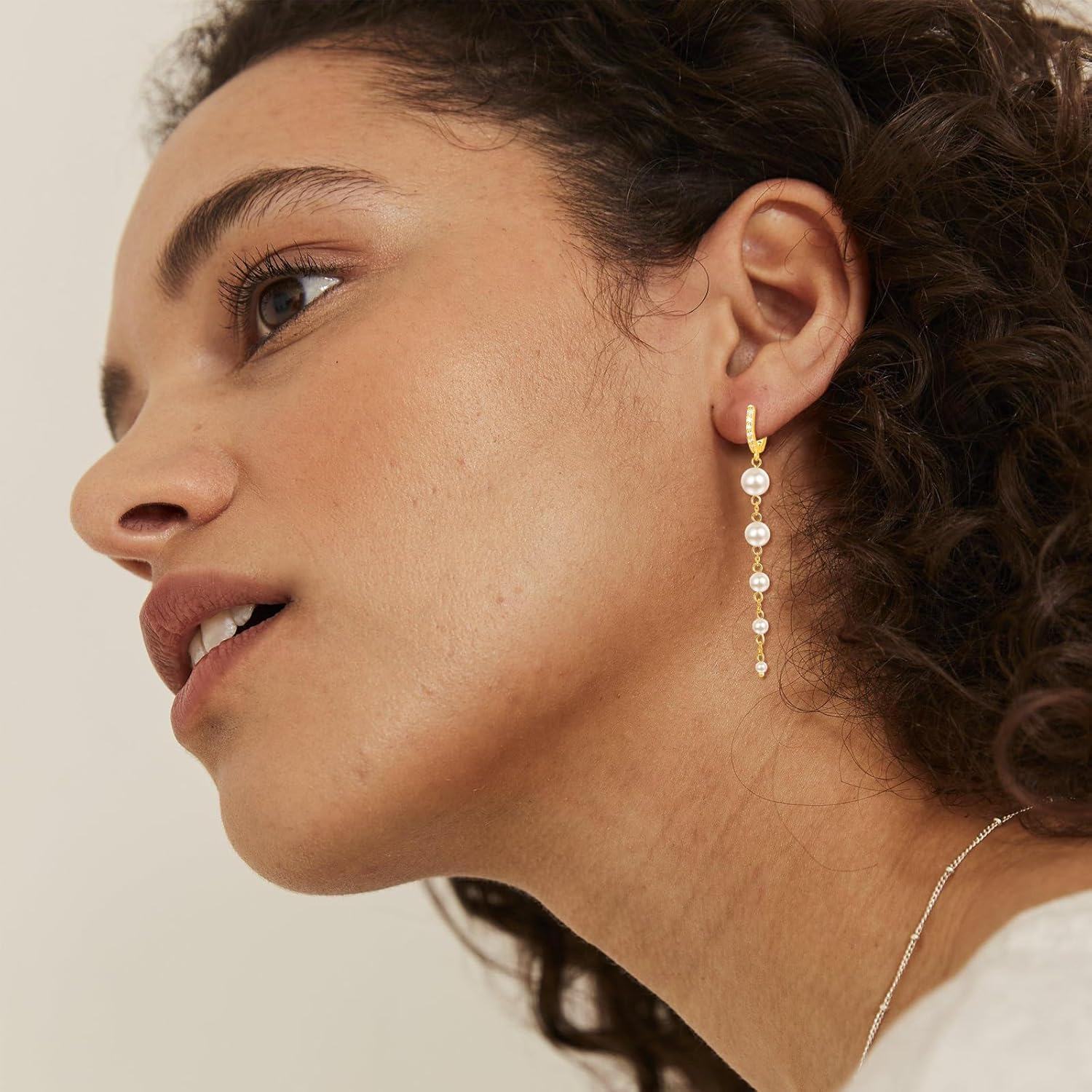 wholesale Gold 925 Sterling Silver Pearl Drop Earrings with Cubic Zirconia Accents for Women-0-2