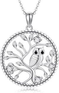 wholesale 925 Sterling Silver Owl on Tree Pendant Necklace with Cubic Zirconia Stones for Women-owl