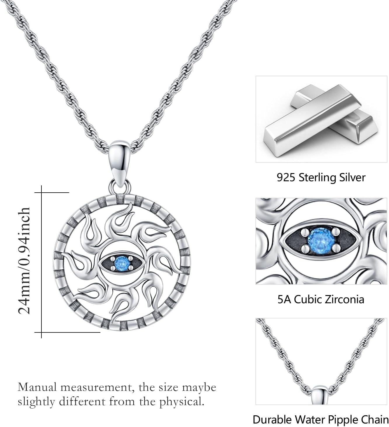 925 Sterling Silver Blue Evil Eye Sun Pendant Necklaces for Women Men Protection Charm  45cm Chain Length-0-5