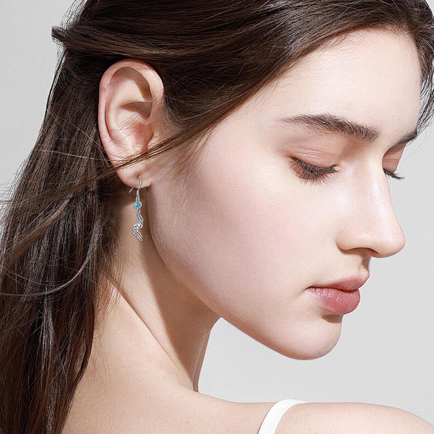 wholesale 925 Sterling Silver Feather & Turquoise Stone Drop Earrings for Women-0-5