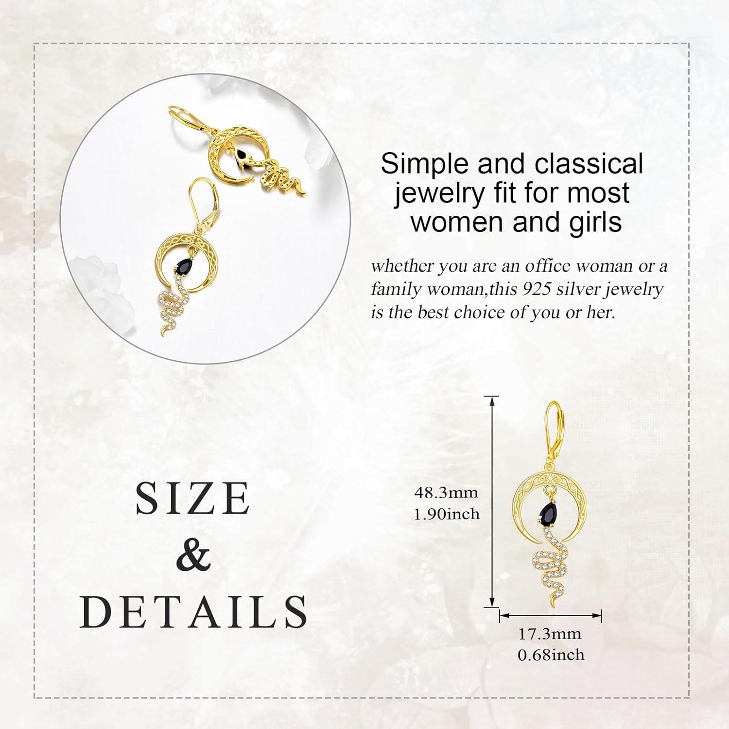 wholesale Gold 925 Sterling Silver Snake Moonstone Dangle Drop Earring Set for Women Gifts 23x48mm-0-4