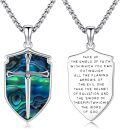 wholesale 925 Sterling Silver Abalone Shell Shield Cross Pendant Necklace with Bible Verse for Men & Women-0-0
