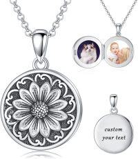 wholesale Sterling Silver Round Picture Locket Necklace Holds 2 Photos Jewelry Gift-Sunflower Locket Necklace Only-Sunflower Locket Necklace+Photo+Text