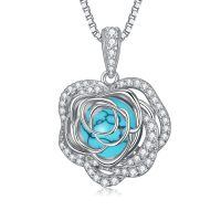 wholesale 925 Sterling Silver 12 Birthstone Rose Pendant Necklace Mother s Day Gift-12-Dec-Turquoise