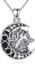 wholesale 925 Sterling Silver Wolf Head Crescent Moon Phases Necklace Gothic Jewelry-0-0